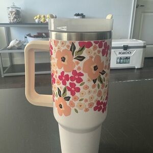 Floral Insulated Travel Mug - Cream with Pink & Peach Flowers